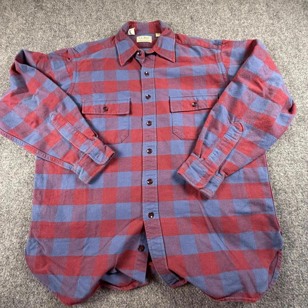 L.L.‎ Bean Chamois Cloth Shirt Men’s L Red Blue Plaid USA Made #1344